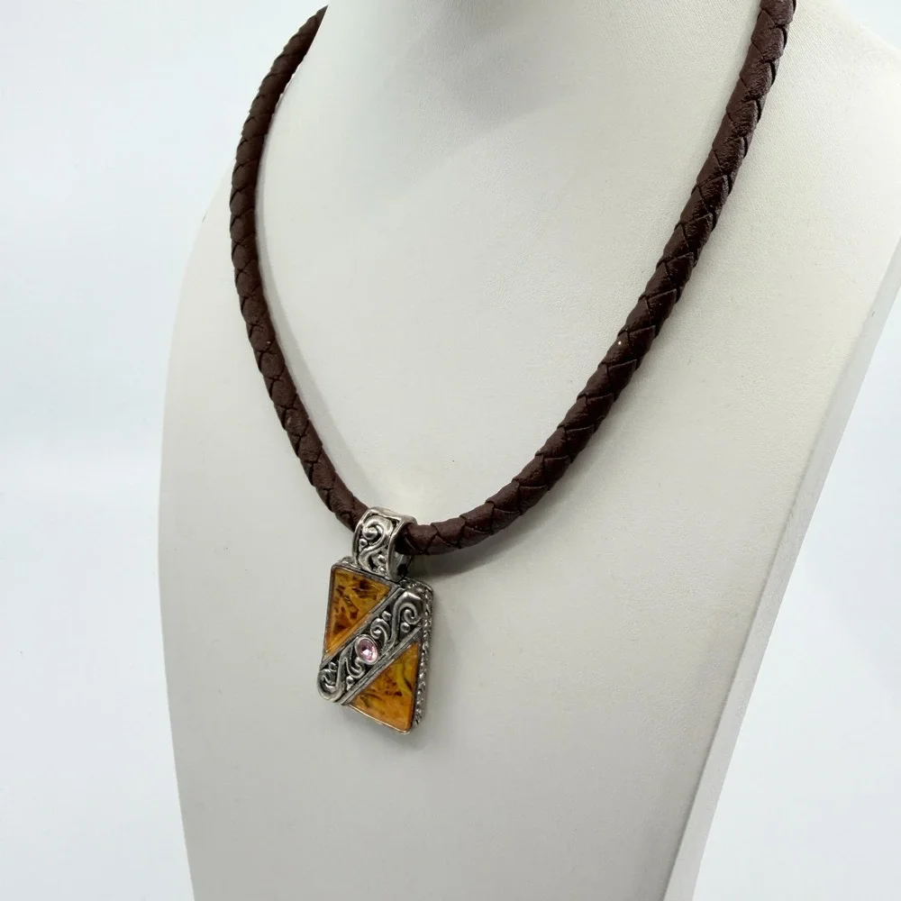 VTG Amber & Silver Resin Statement Necklace with Braided Leather Pendant